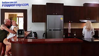 Almost caught surprise anal creampie ass fucking close to mother-in-law cooking have a bite